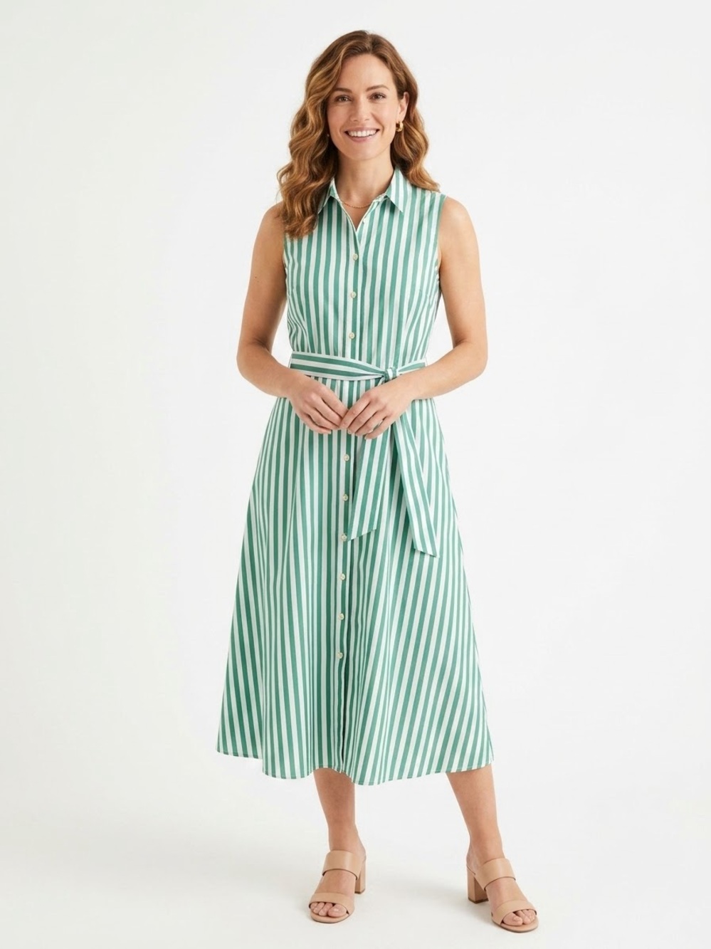Boden Green White Striped Belted Shirt Dress Sleeveless Midi Button Up Sz 10 NWT